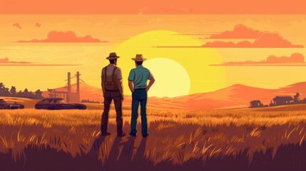 Vector image of men admiring nature after work in far