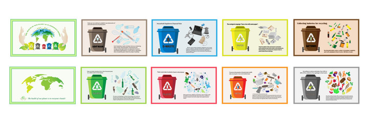 Waste segregation. Sorting garbage by material and type in colored trash cans. Separating and recycling garbage vector infographic. sustainability  environment . - obrazy, fototapety, plakaty