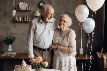 Generative AI illustration of delighted senior couple in glasses standing near colorful balloons at table with cake and bouquet of flowers