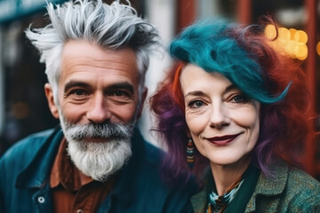 Generative AI illustration of a flamboyant, smiling middle-aged couple looking stylishly at the camera with a blurred background
