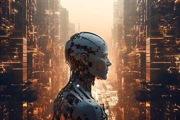 AI humanoid robot against megapolis city background. abstract of dystopian future. Generative AI