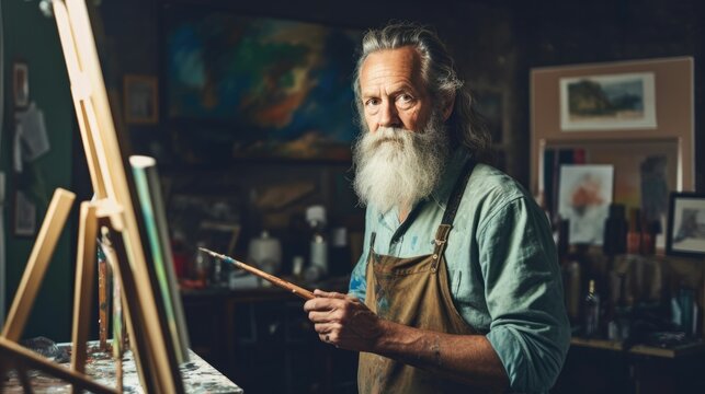 Mature man with beard painting at easel