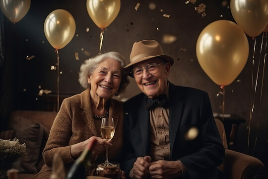 AI generated illustration of elegant senior couple with glass of champagne looking at camera happily while sitting on sofa against golden balloons