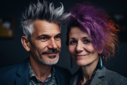 Generative AI illustration of smiling stylish mature man with mohawk standing near positive middle agef woman with purple hair and big earrings while looking at camera