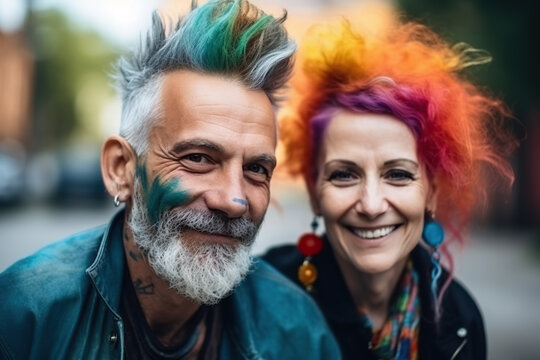 Generative AI illustration of smiling extravagant middle aged couple with multicolored hair in jackets standing on blurred street and looking at camera