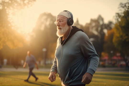 Generative AI illustration side view of bearded senior man in sportswear and headphones jogging in park on sunny day while listening to music