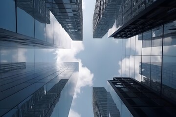 Obraz na płótnie Canvas Mirror office skyscrapers stretch to the sky. bottom view. business architecture. Generative AI
