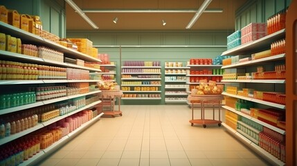 Supermarket interior with shelves for varied goods