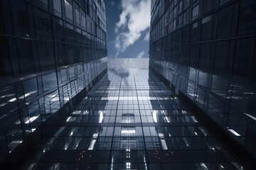 Fototapeta na wymiar Mirror office skyscrapers stretch to the sky. bottom view. business architecture. Generative AI