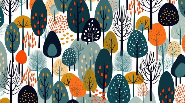 Seamless Pattern with Childish Naive Trees in Scandinavian Style