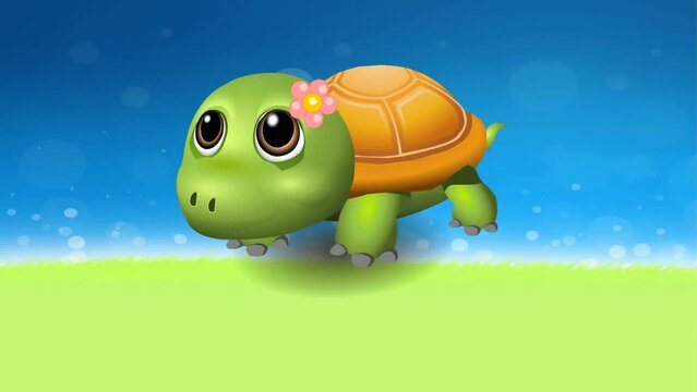 3d animation of cute baby turtle walking adorable , 2d animated background