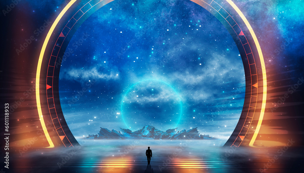 Wall mural fantasy neon futuristic landscape time portal.