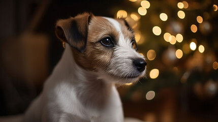 Jack Russell terrier as christmas present for children concept. Four months old adorable doggy on couch by the holiday tree, festive bokeh lights. Generative AI