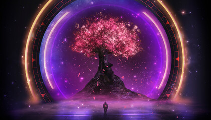Fantasy neon futuristic landscape time portal and magic tree. © MiaStendal
