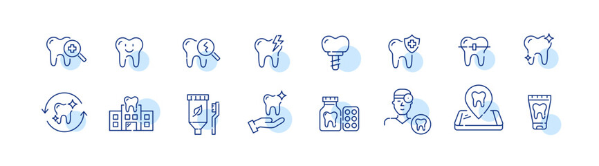 Set of dental health related icons. Dentistry, orthodontic treatment and hygiene. Pixel perfect, editable stroke set