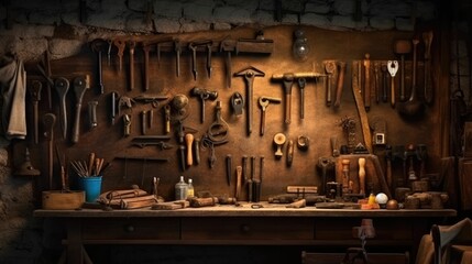Old tools hanging on wall in workshop