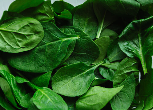 Spinach background full image. Top view, flat lay.  Fresh green baby spinach leaves.