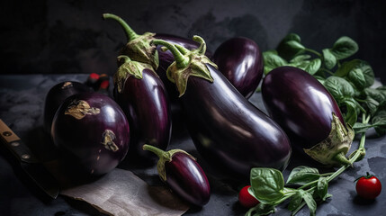 Bunch of ripe organic polished eggplants laid in composition on grunged stone background. Aubergine vegetables at table counter. Clean eating concept. Generative AI