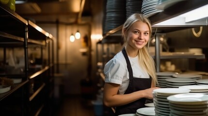 Young blonde woman working in restaurant holding plates