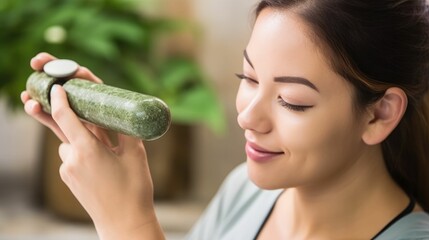 Woman massaging face with jade stone © Oliver