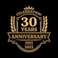 30 years anniversary icon or logo. Vintage birthday banner design. 30th anniversary jubilee celebration badge or label. Vector illustration.