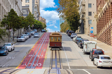 San Francisco, California street and cable cars that connect financial district and upper town. © eskystudio