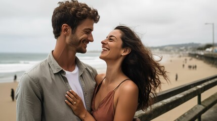 Happy couple having a conversation on a boardwalk by the beach