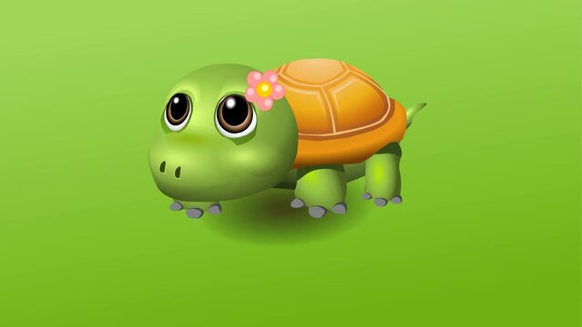 3d animation of cute baby turtle walking adorable , 2d animated background
