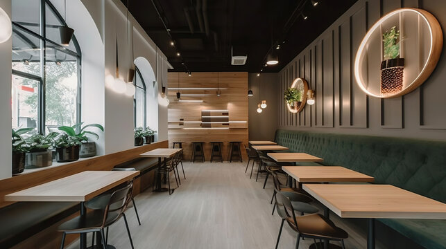 The interior of a modern cafe of 100 square meters with chairs and tables, A modern and minimalist food court with a focus on health and wellness. Generative AI