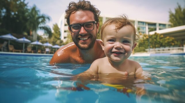 Portrait of a happy father and toddler son in swimming pool