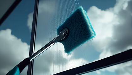 Window glass cleaning with pure water and extension pole. Washing and rinse using a reach and wash system Ai generated image