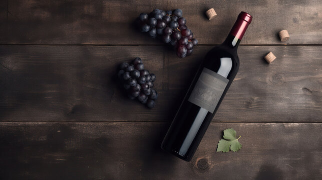 Vintage bottle of red wine with blank matte black label, bunch of grapes on wooden table, concrete wall background. Expensive bottle of cabernet sauvignon concept. Generative AI