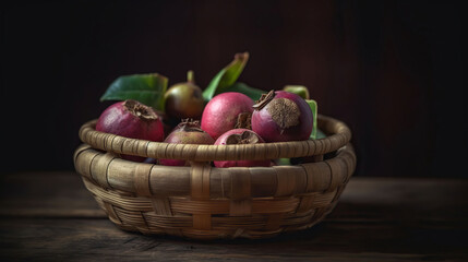 Fresh Mangosteen in bamboo basket and on old wood background. Mangosteen has been known as The Queen of Fruits, asia fruits concept. Generative AI