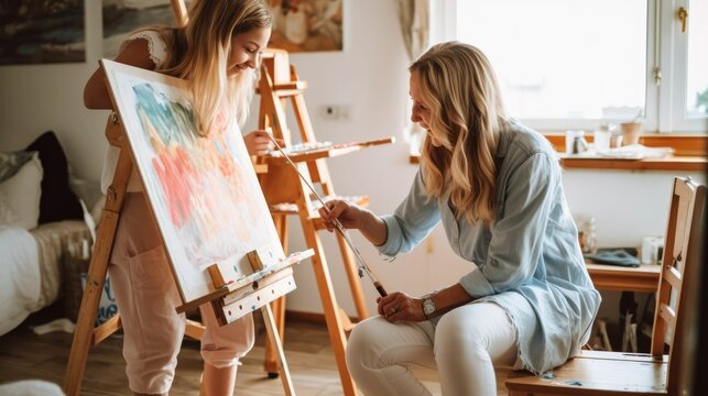 Mother and disabled daughter painting at easel in bedroom