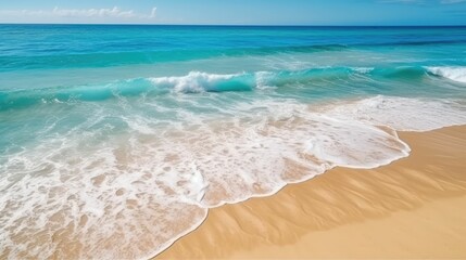 Fototapeta na wymiar Sandy Seashore with Turquoise Green Sea Water