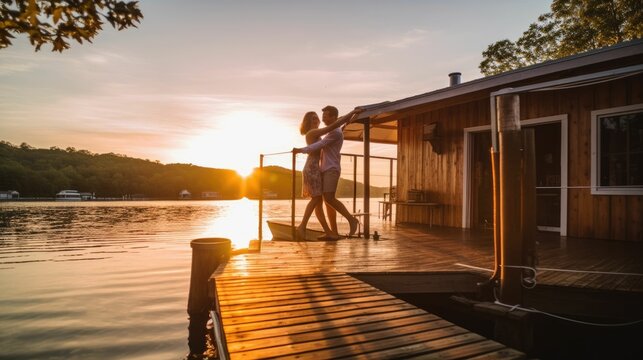 Couple dancing on a houseboat on a lake