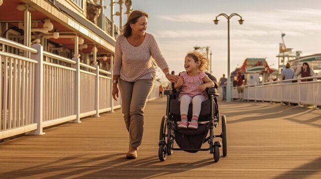 Mother with disabled daughter in pushchair at the beach