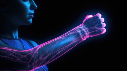 Female arm in blue and pink neon wires