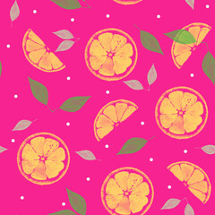 yellow lemon slices with green leaves  and white polka dots on pink ground, seamless pattern, background