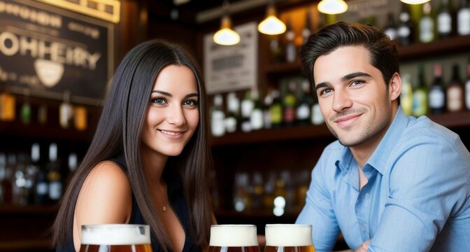 A beautiful smiling couple on a date drinking beer in a cafe or a pub, created with generative AI