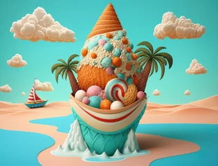 Gardinen Ice cream. Ice cream land. Fairy tale tropical island made in ice cream, waffle cones, candy and sweets. Generative ai illustration in cartoon 3d style © maxa0109