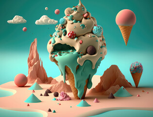 Ice cream. Ice cream land. Large soft ice cream. Fairy tale summer landscape made in fruit ice cream, waffle cones, chocolate, candy and sweets. Generative ai illustration in cartoon 3d style