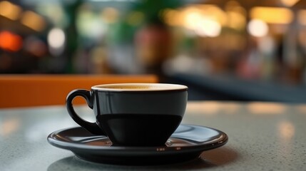 Black cup of hot coffee on a cafe table