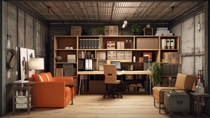 3D illustration of an office interior in a box