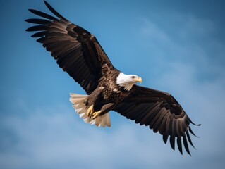 Fototapeta na wymiar A bald eagle flying through a blue sky. Generative AI image.