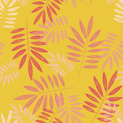 Fototapeta na wymiar pink palm leaves on yellow ground, seamless pattern, background