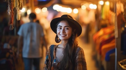 Obraz premium Happy Traveler Asian Woman in Shopping Street Night Market