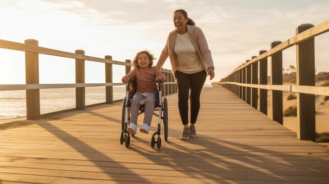 Mother and daughter jogging on beach with rollator
