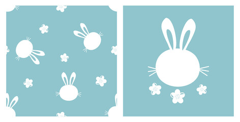 Seamless pattern with bunny rabbit cartoons and cute flower on blue mint background vector illustration.