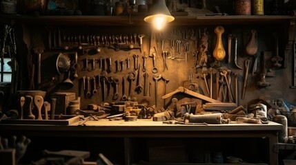 Old tools hanging on wall in workshop - obrazy, fototapety, plakaty